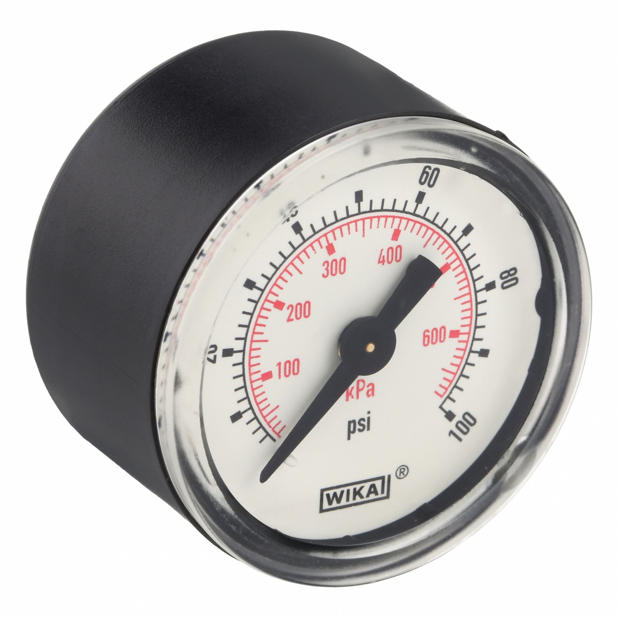 COMMERCIAL PRESSURE GAUGE, 0 PSI/HG TO 100 PSI, 1 1/2 IN DIAL, 1/8 IN NPT MALE, CENTRE BACK