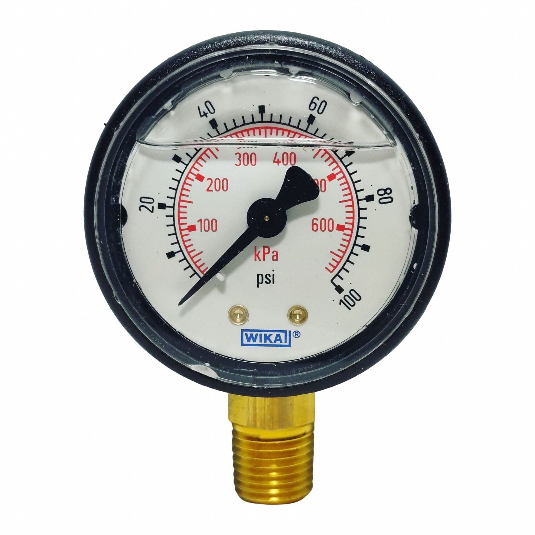 Commercial Pressure Gauge: 0 psi / Hg to 100 psi, 2 in Dial, 1/4 in NPT Male, Bottom, Plastic
