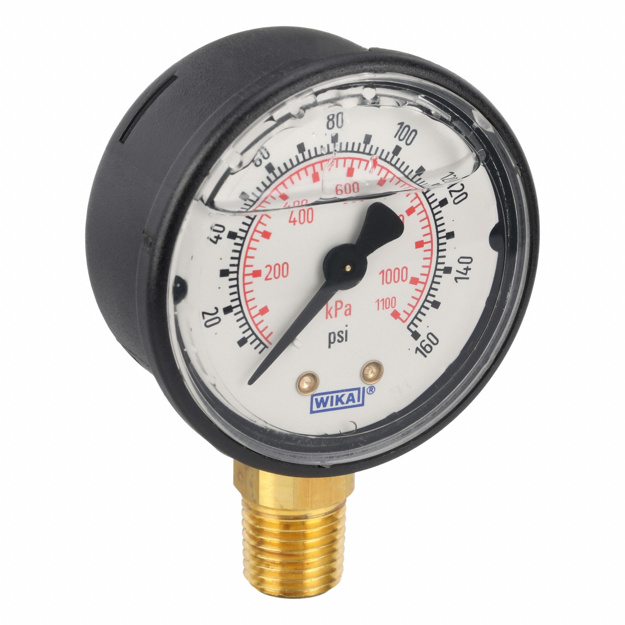 COMMERCIAL PRESSURE GAUGE, 0 PSI/HG TO 160 PSI, 2 IN DIAL, 1/4 IN NPT MALE, BOTTOM, PLASTIC