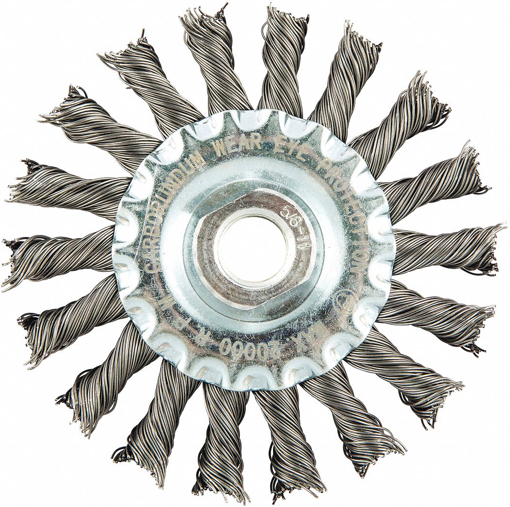 WIRE WHEEL BRUSH, TWISTED STEEL, 4 IN DIAMETER X ½ IN W, 5/8