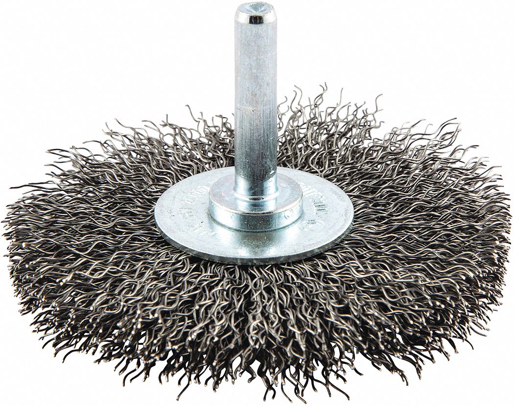 WIRE WHEEL BRUSH, CRIMPED STEEL, 3 IN DIAMETER X ½ IN W, ¼ IN SHANK, 0.012 IN FILL