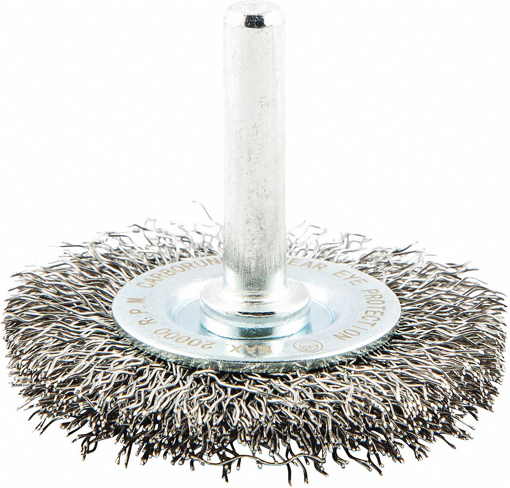 WIRE WHEEL BRUSH, CRIMPED STEEL, 2 IN DIAMETER X ⅜ IN W, ¼ IN SHANK, 0.012 IN FILL