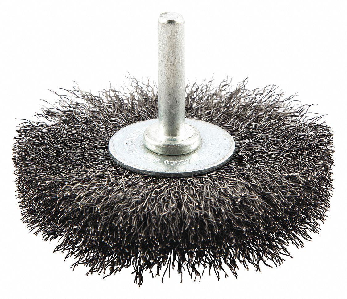 WIRE WHEEL BRUSH, CRIMPED STEEL, 3 IN DIAMETER X ½ IN W, ¼ IN SHANK, 0.008 IN FILL