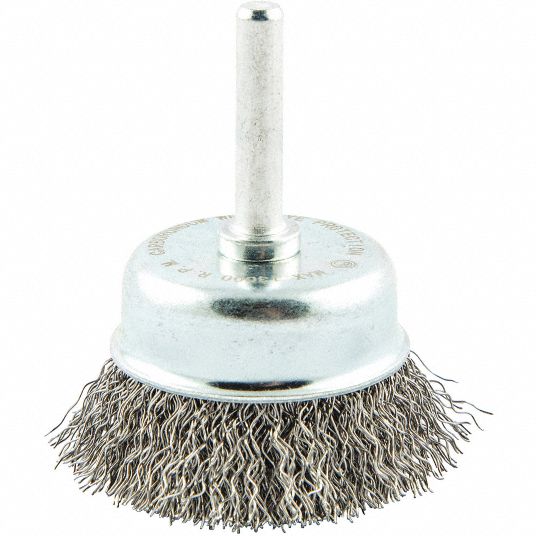 Cup Brush: 2 in Brush Dia., No Arbor Arbor Hole size, 1/4 in Abrasive Shank Size