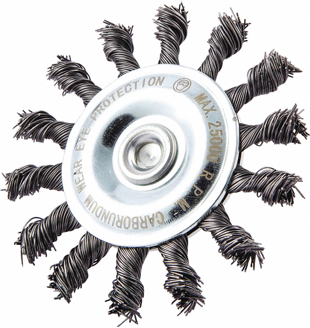 WIRE WHEEL BRUSH, TWISTED STEEL, 3 IN DIAMETER X ⅜ IN W, ¼ IN SHANK, 0.014 IN FILL