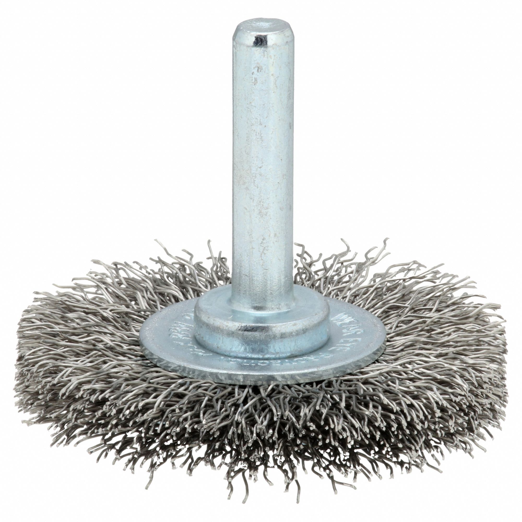 Wire Wheel Brush: Crimped Stainless Steel, 2" Dia x 3/8" Wd, 1/4" Shank, 0.012" Fill