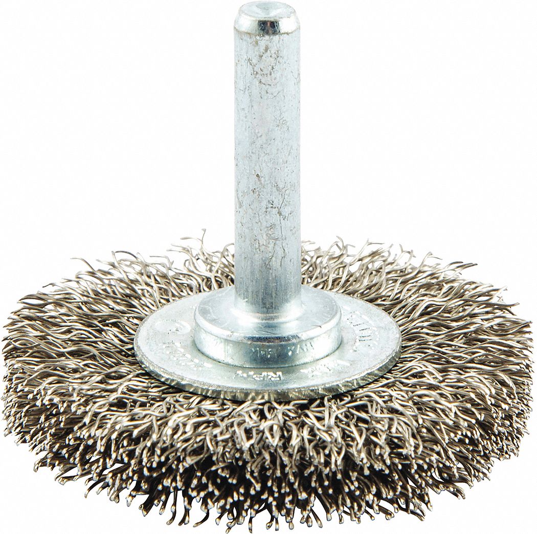 WIRE WHEEL BRUSH, CRIMPED STAINLESS STEEL, 2 IN DIAMETER X ⅜ IN W, ¼ IN SHANK, 0.012 IN FILL