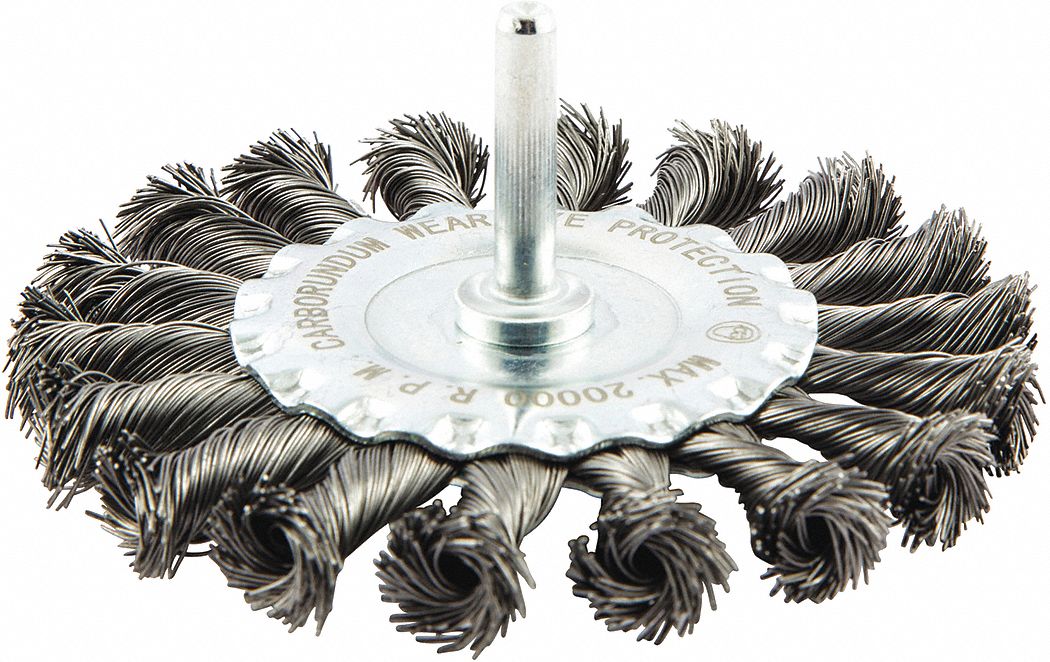WIRE WHEEL BRUSH, TWISTED STEEL, 4 IN DIAMETER X ½ IN W, ¼ IN SHANK, 0.014 IN FILL