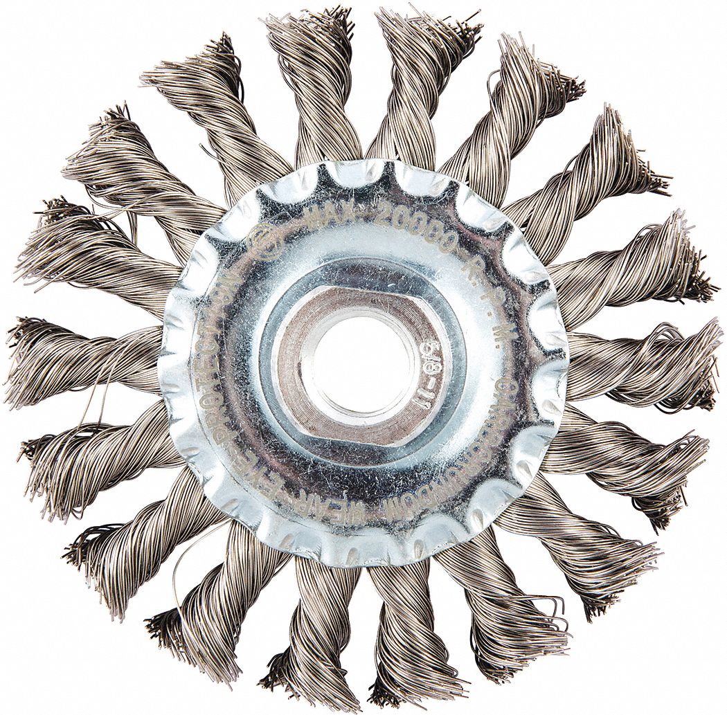 WIRE WHEEL BRUSH, TWISTED STAINLESS STEEL, 4 IN DIAMETER X ½ IN W, 5/8