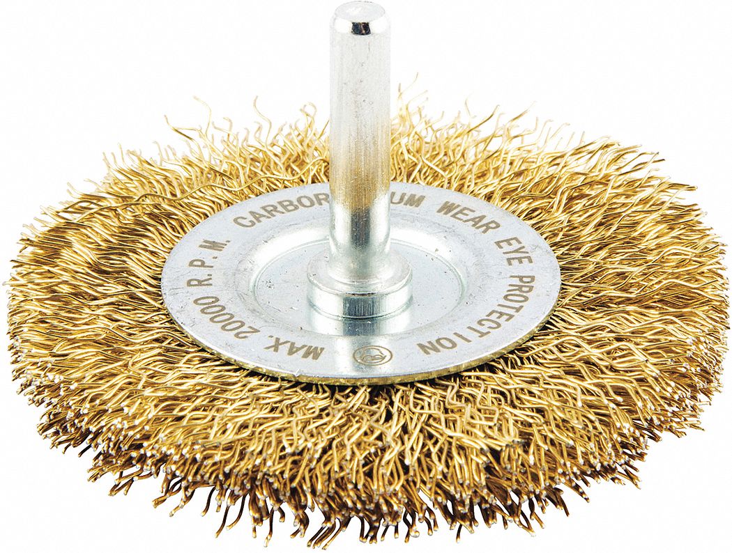 Wire Wheel Brush: Crimped Brass, 3" Dia x 3/8" Wd, 1/4" Shank, 0.014" Fill