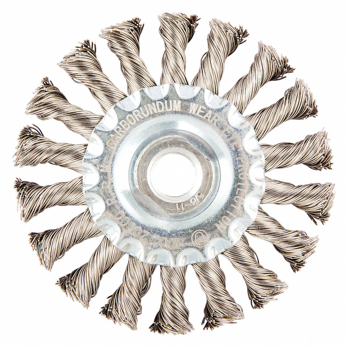WIRE WHEEL BRUSH, TWISTED STAINLESS STEEL, 4 IN DIAMETER X ½ IN W, 5/8