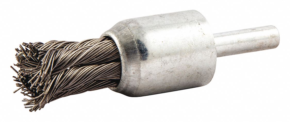 END BRUSH, TWISTED STEEL, &frac34; IN DIAMETER, 0.014 IN FILL DIAMETER, &frac14; IN SHANK