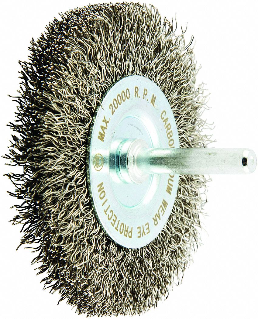 WIRE WHEEL BRUSH, CRIMPED STAINLESS STEEL, 3 IN DIAMETER X ⅝ IN W, ¼ IN SHANK, 0.012 IN FILL