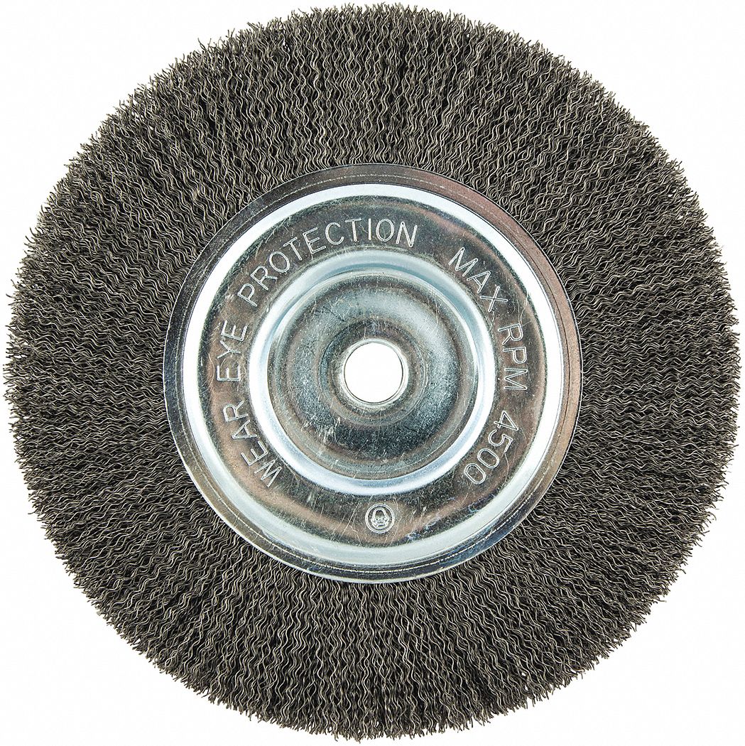 WIRE WHEEL BRUSH, CRIMPED STEEL, 8 IN DIAMETER X ½ IN W, ⅝ IN ARBOUR, 0.014 IN FILL