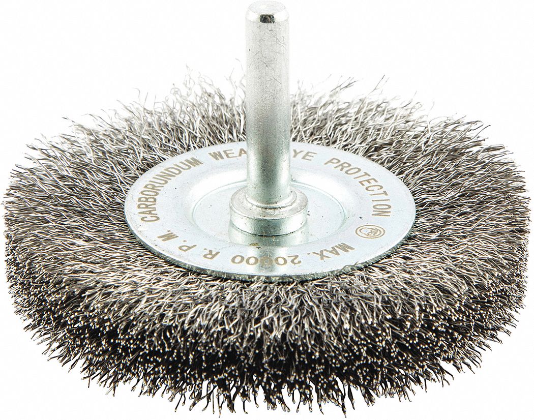 WIRE WHEEL BRUSH, CRIMPED STEEL, 3 IN DIAMETER X ⅝ IN W, ¼ IN SHANK, 0.008 IN FILL