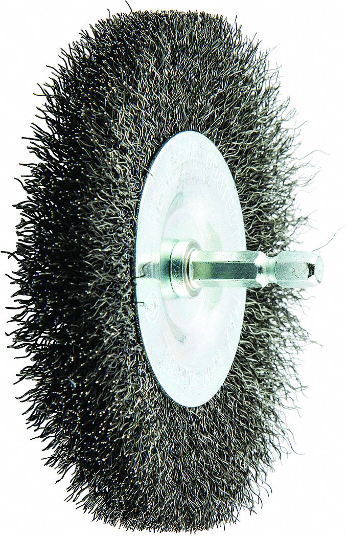 WIRE WHEEL BRUSH, CRIMPED STEEL, 4 IN DIAMETER X 9/16 IN W, ¼ IN SHANK, 0.009 IN FILL