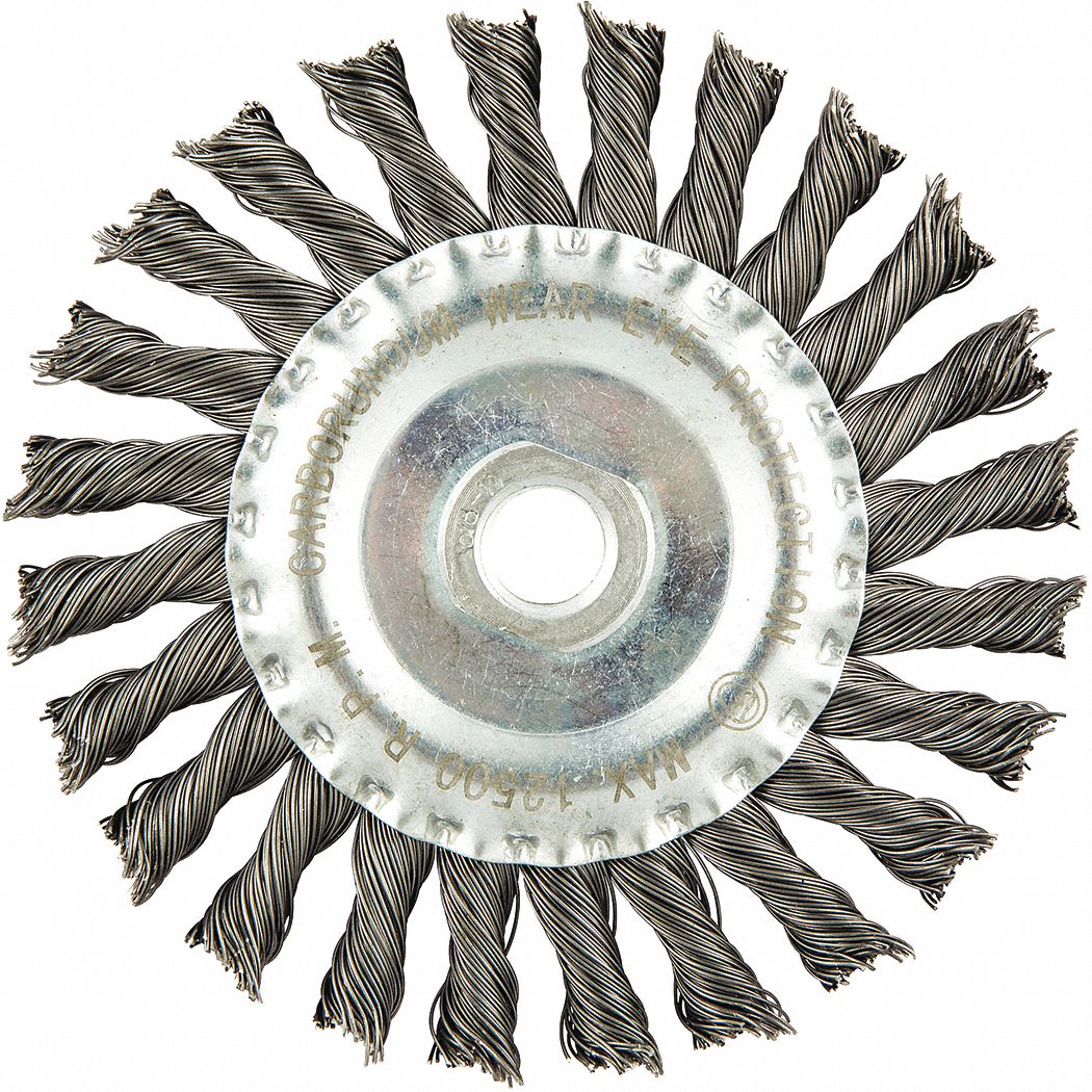 WIRE WHEEL BRUSH, TWISTED STEEL, 5 IN DIAMETER X ½ IN W, 5/8