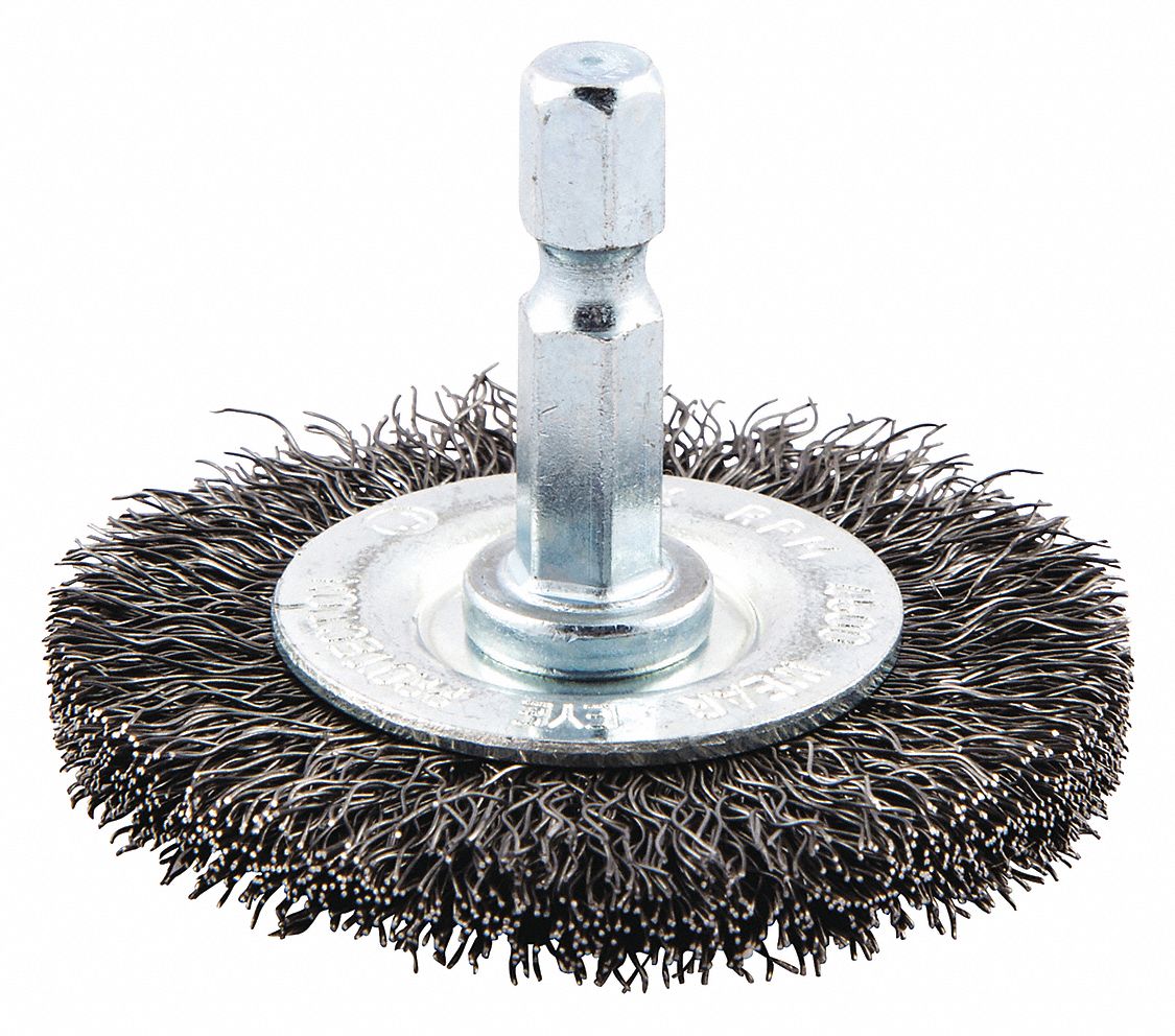 WIRE WHEEL BRUSH, CRIMPED STEEL, 2 IN DIAMETER X ¼ IN W, ¼ IN SHANK, 0.009 IN FILL