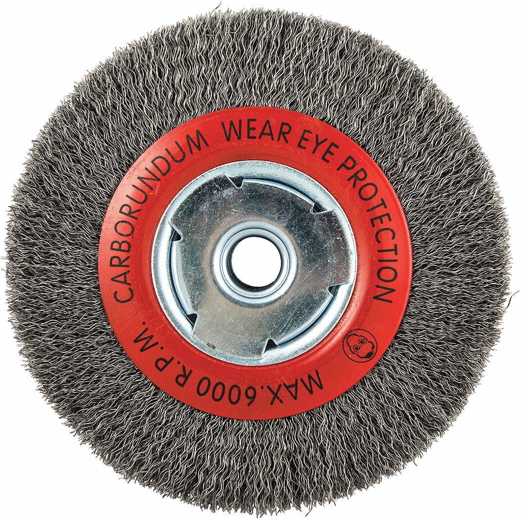 WIRE WHEEL BRUSH, CRIMPED STEEL, 6 IN DIAMETER X 1 IN W, ⅝ IN ARBOUR, 0.014 IN FILL