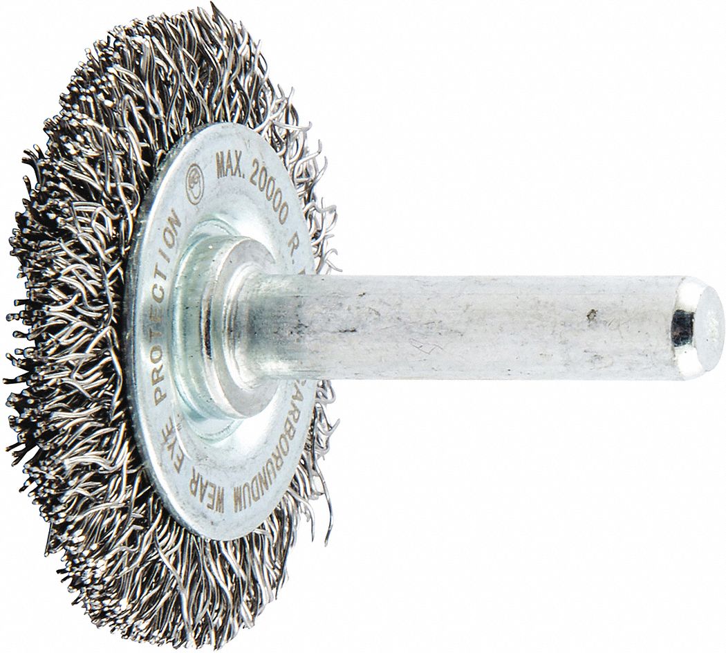 WIRE WHEEL BRUSH, CRIMPED STEEL, 1½ IN DIAMETER X ¼ IN W, ⅜ IN SHANK, 0.012 IN FILL
