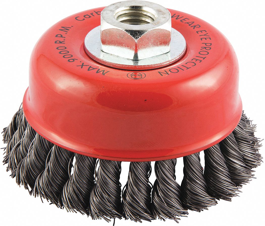 CUP BRUSH, TWISTED STEEL, 4 IN DIAMETER, 0.014 IN FILL DIAMETER, 5/8