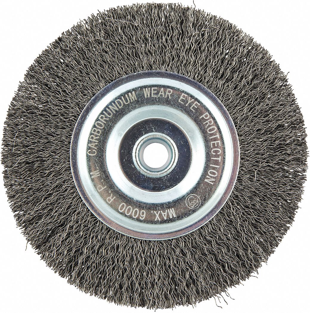 WIRE WHEEL BRUSH, CRIMPED STEEL, 6 IN DIAMETER X ½ IN W, ⅝ IN ARBOUR, 0.014 IN FILL
