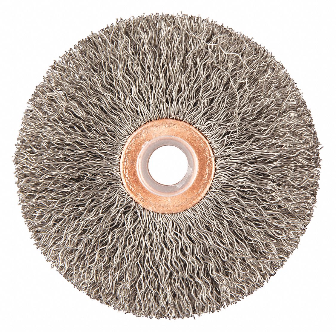 WIRE WHEEL BRUSH, CRIMPED STAINLESS STEEL, 3 IN DIAMETER X ⅝ IN W, ½ IN ARBOUR, 0.014 IN FILL