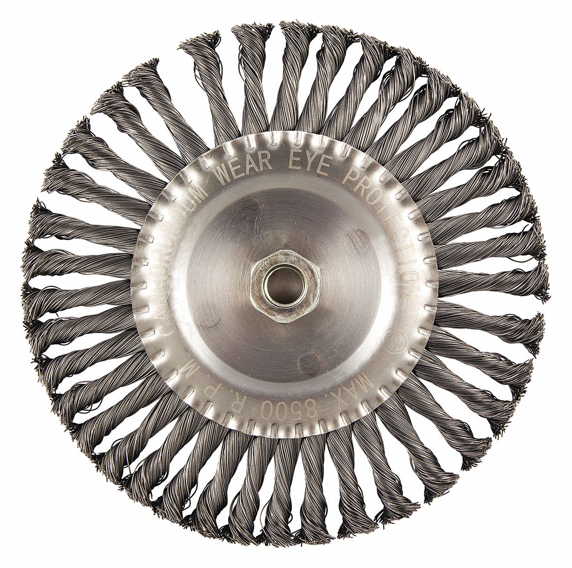 WIRE WHEEL BRUSH, TWISTED STEEL, 8 IN DIAMETER X ⅝ IN W, ⅝ IN ARBOUR, 0.02 IN FILL