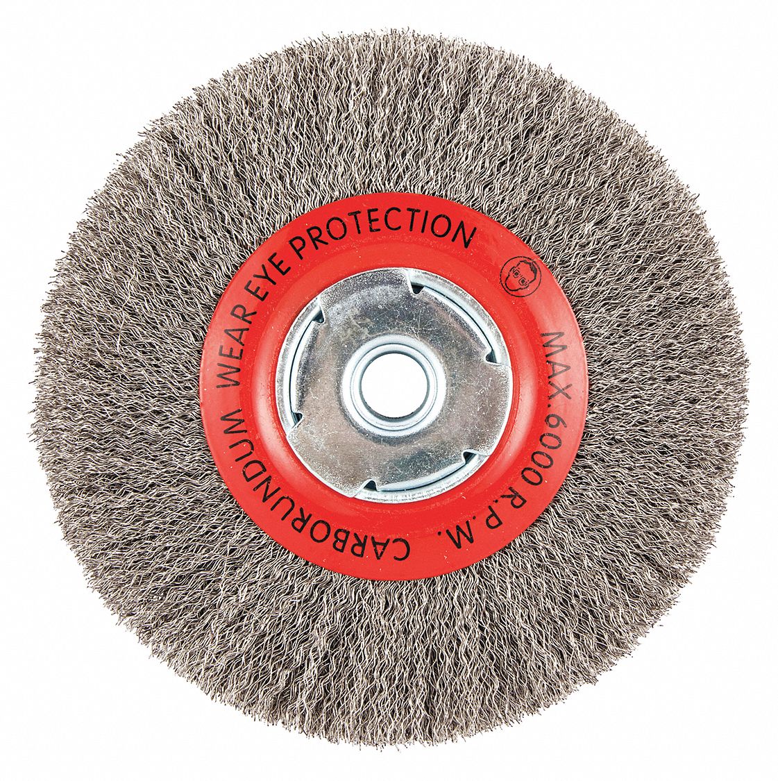 WIRE WHEEL BRUSH, CRIMPED STEEL, 7 IN DIAMETER X ¾ IN W, ⅝ IN ARBOUR, 0.014 IN FILL