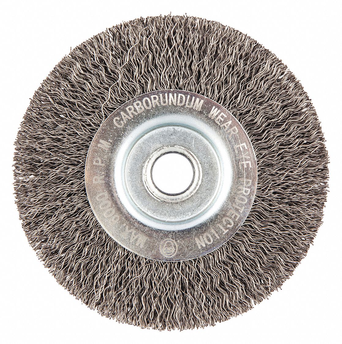 WIRE WHEEL BRUSH, CRIMPED STEEL, 4 IN DIAMETER X ½ IN W, ½ IN ARBOUR, 0.014 IN FILL