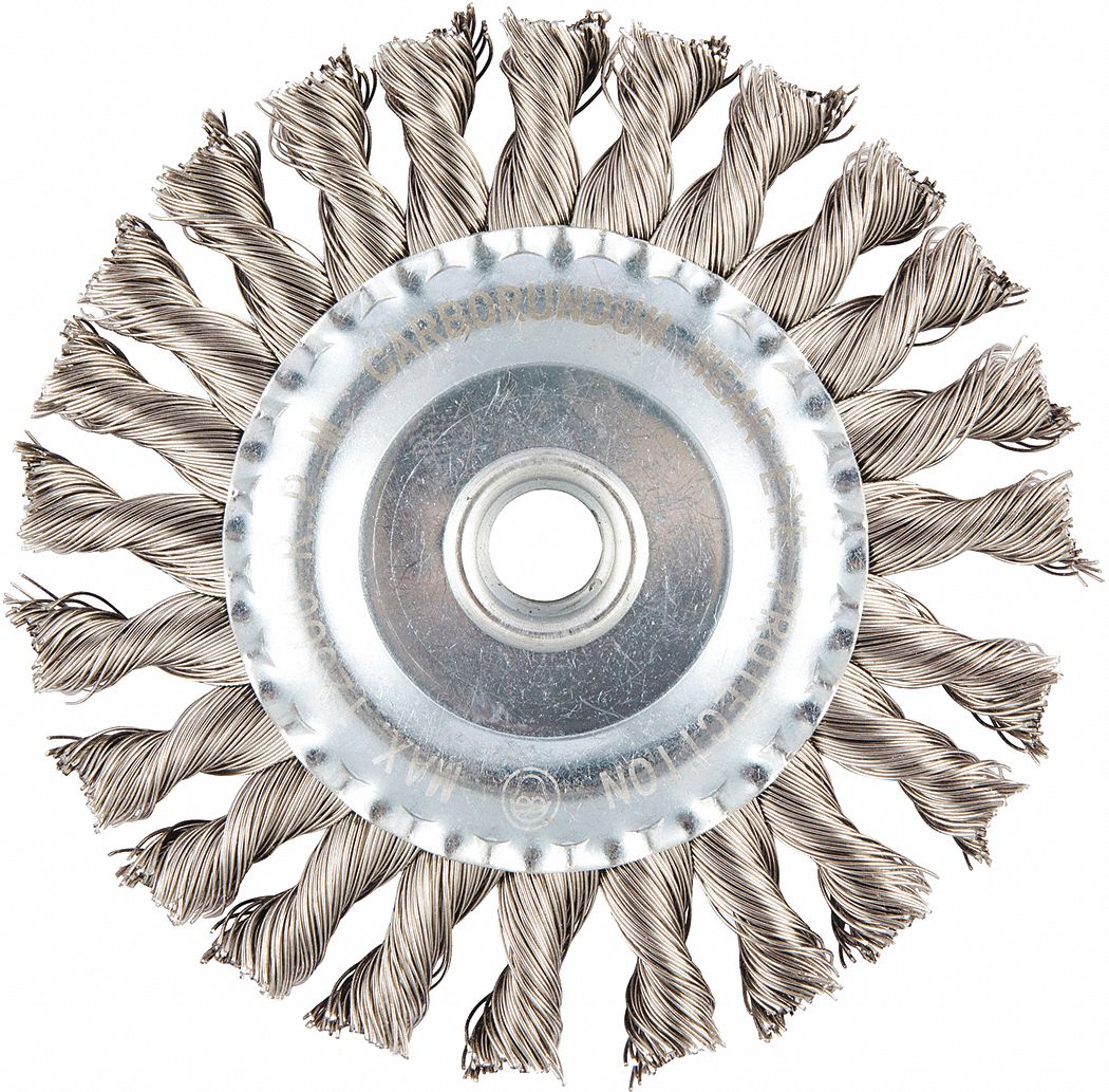 WIRE WHEEL BRUSH, TWISTED STAINLESS STEEL, 5 IN DIAMETER X ½ IN W, 5/8
