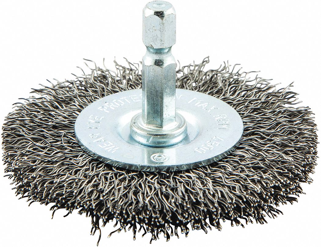 WIRE WHEEL BRUSH, CRIMPED STEEL, 2½ IN DIAMETER X ⅜ IN W, ¼ IN SHANK, 0.012 IN FILL