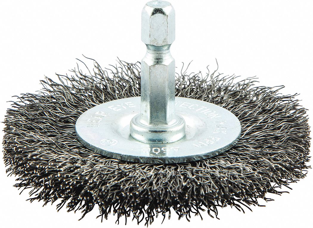 WIRE WHEEL BRUSH, CRIMPED STEEL, 2½ IN DIAMETER X ⅜ IN W, ¼ IN SHANK, 0.009 IN FILL