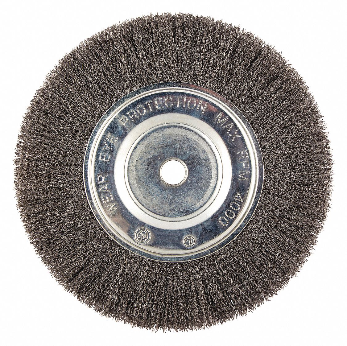 WIRE WHEEL BRUSH, CRIMPED STEEL, 10 IN DIAMETER X ¾ IN W, ¾ IN ARBOUR, 0.014 IN FILL