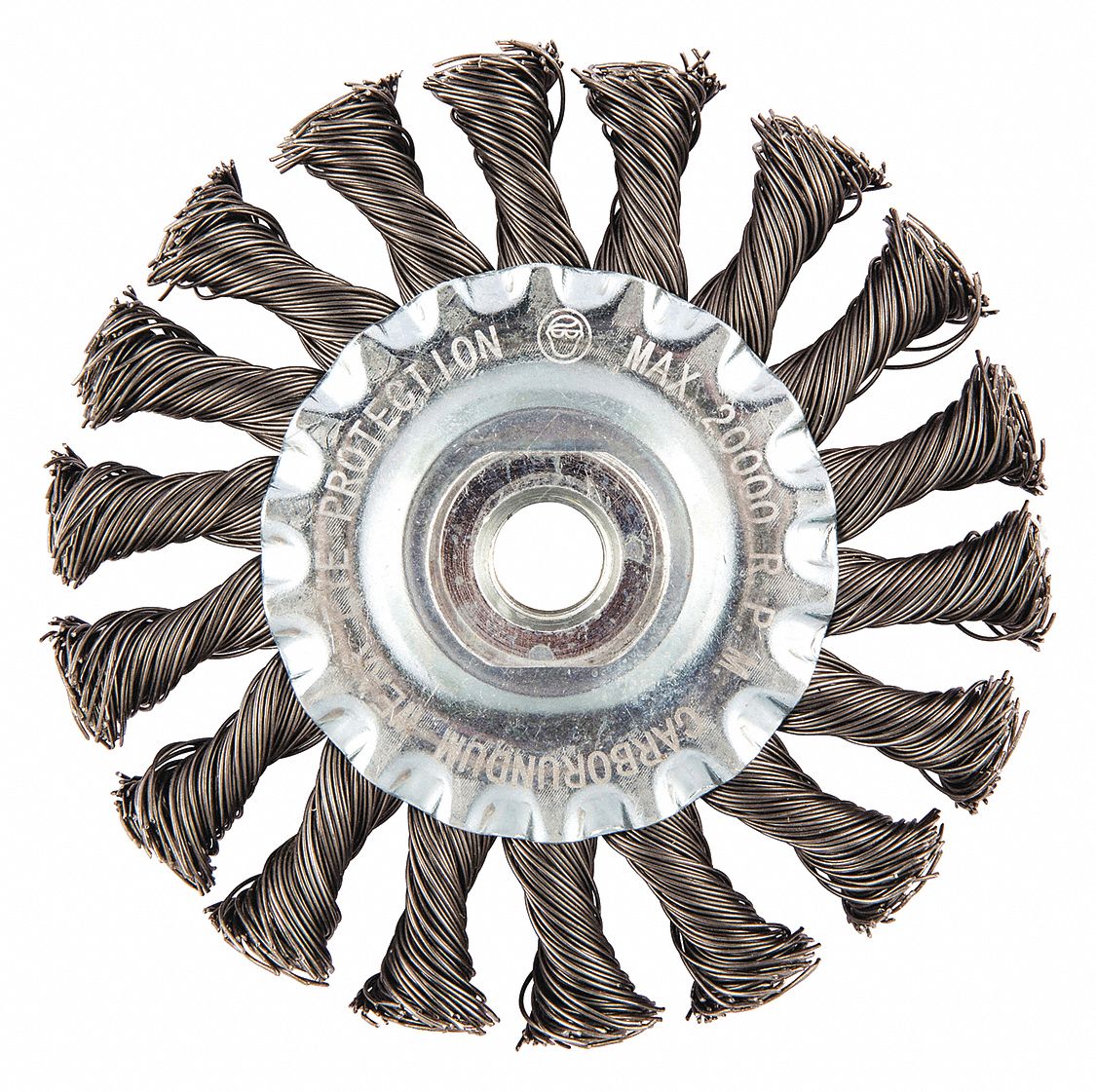 WIRE WHEEL BRUSH, TWISTED STEEL, 4 IN DIAMETER X ½ IN W, 3/8