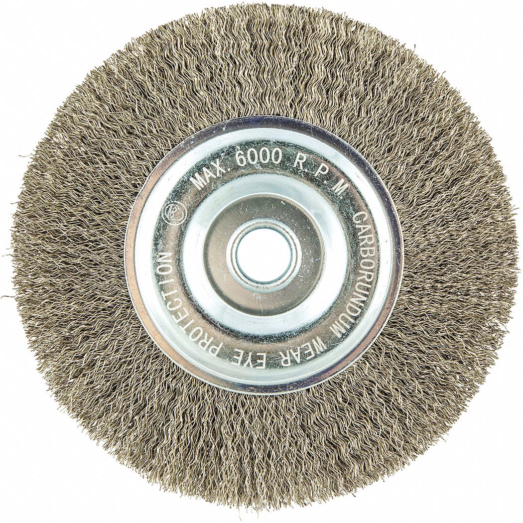 WIRE WHEEL BRUSH, CRIMPED STAINLESS STEEL, 6 IN DIAMETER X ¾ IN W, ⅝ IN ARBOUR