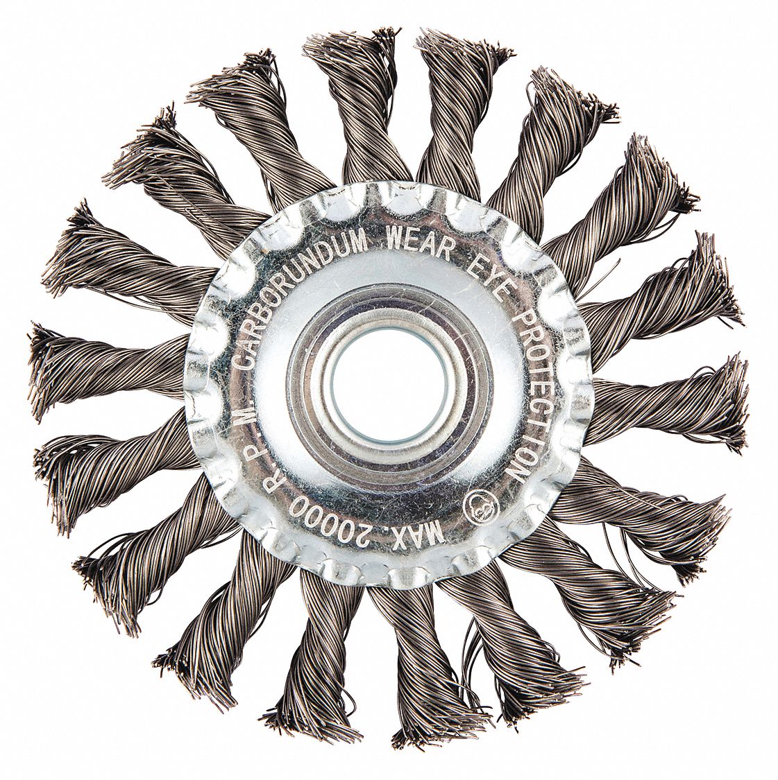 WIRE WHEEL BRUSH, TWISTED STEEL, 4 IN DIAMETER X ½ IN W, 5/8