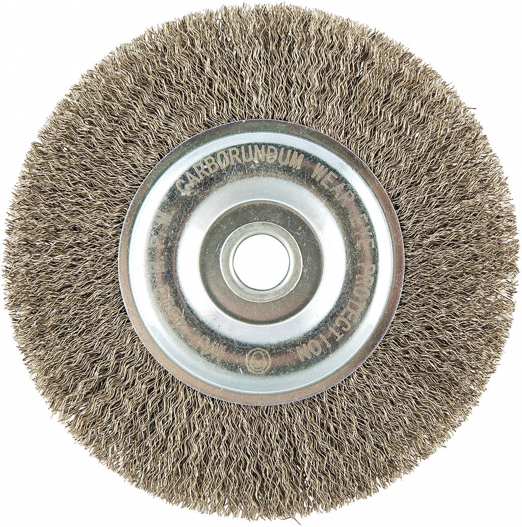 WIRE WHEEL BRUSH, CRIMPED STAINLESS STEEL, 6 IN DIAMETER X ½ IN W, ⅝ IN ARBOUR