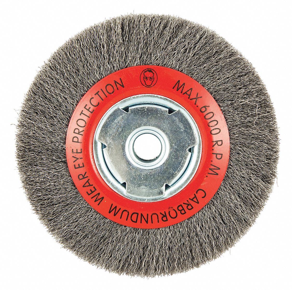 WIRE WHEEL BRUSH, CRIMPED STEEL, 6 IN DIAMETER X ¾ IN W, ⅝ IN ARBOUR, 0.008 IN FILL