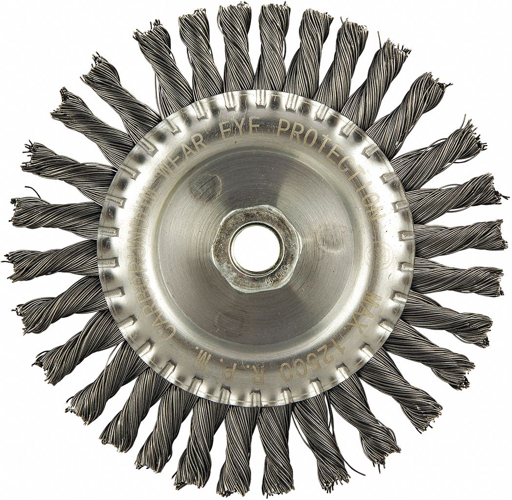 WIRE WHEEL BRUSH, TWISTED STEEL, 6 IN DIAMETER X ½ IN W, 5/8