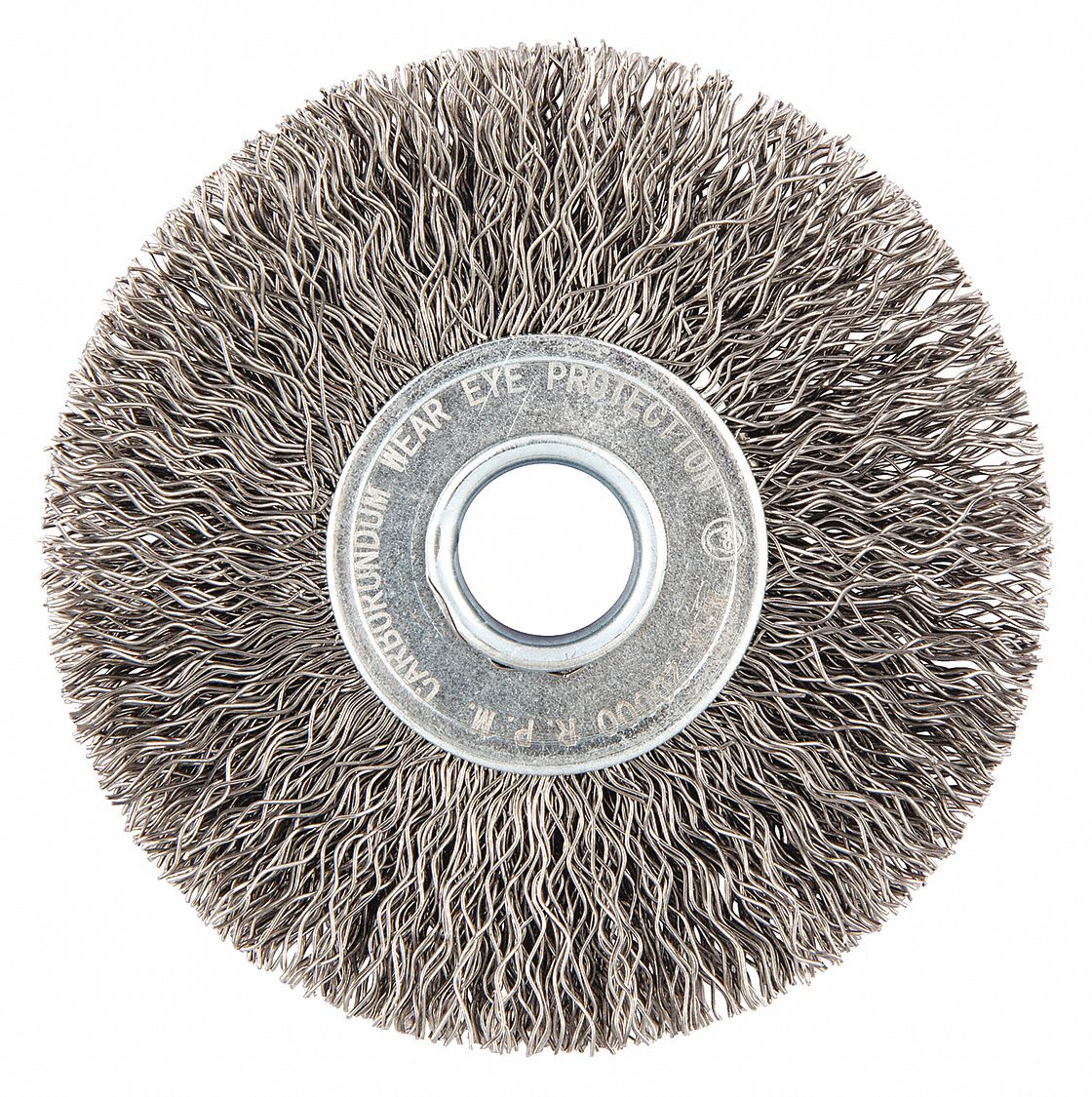 WIRE WHEEL BRUSH, CRIMPED STEEL, 3 IN DIAMETER X ⅝ IN W, ½ IN ARBOUR, 0.014 IN FILL