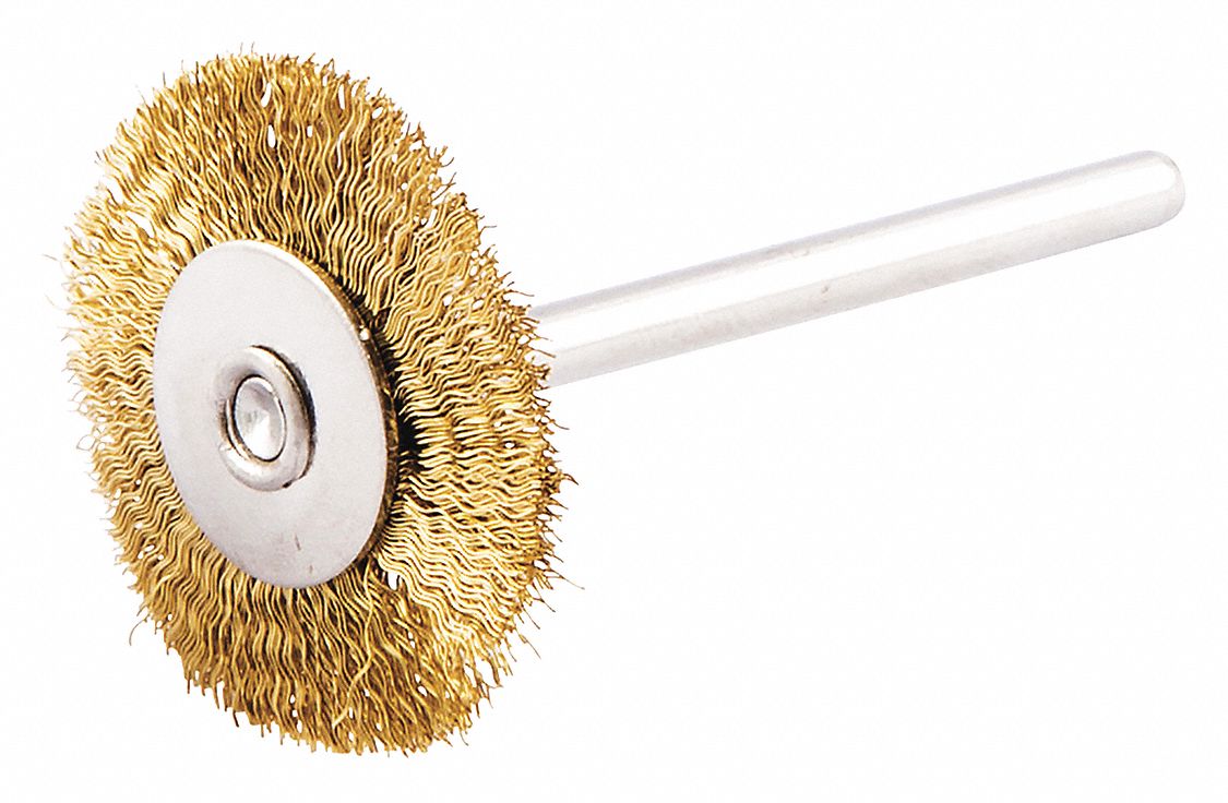 WIRE WHEEL BRUSH, CRIMPED BRASS, 1 IN DIAMETER X 3/16 IN W, 1/8 IN SHANK, 0.005 IN FILL