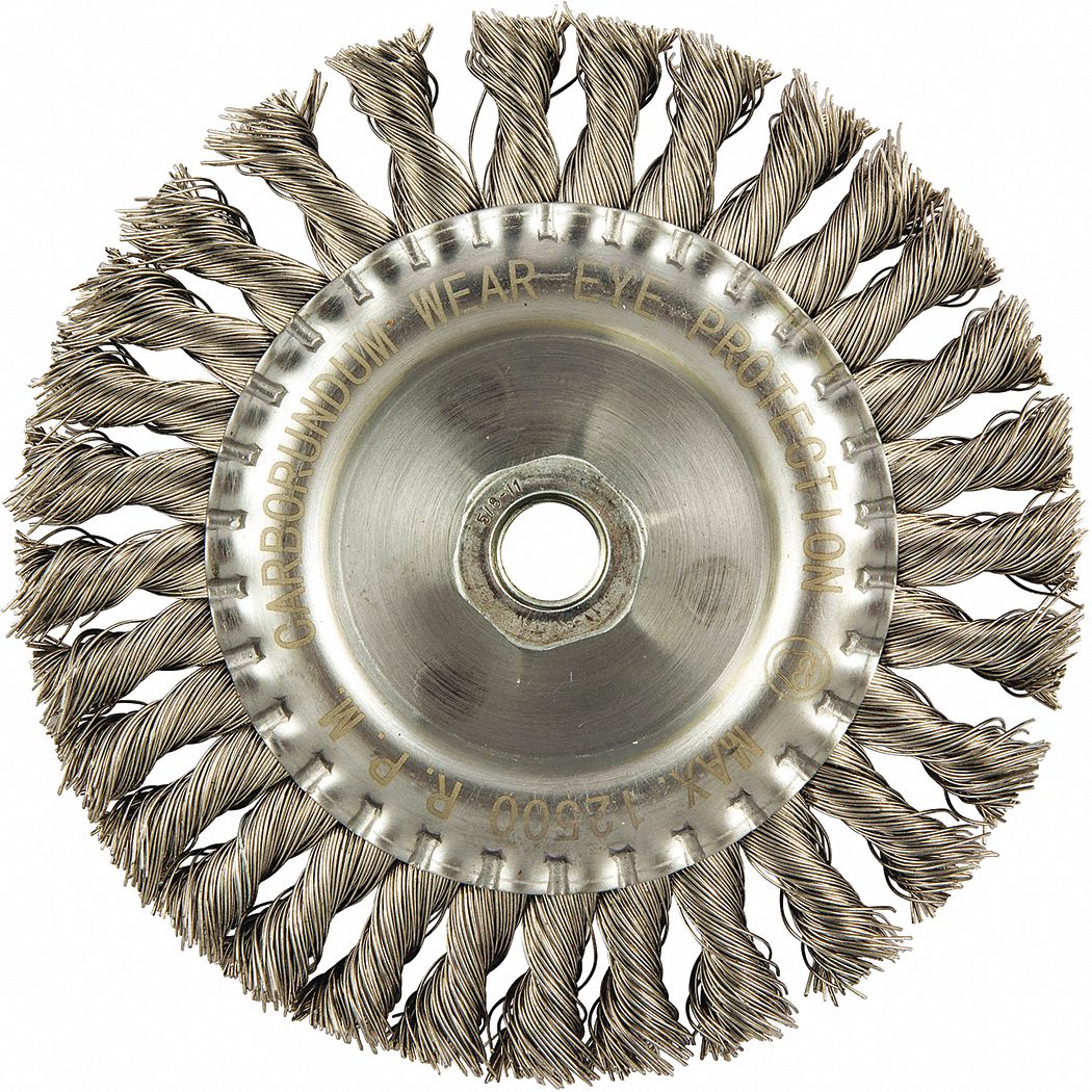 WIRE WHEEL BRUSH, TWISTED STAINLESS STEEL, 6 IN DIAMETER X ½ IN W, 5/8