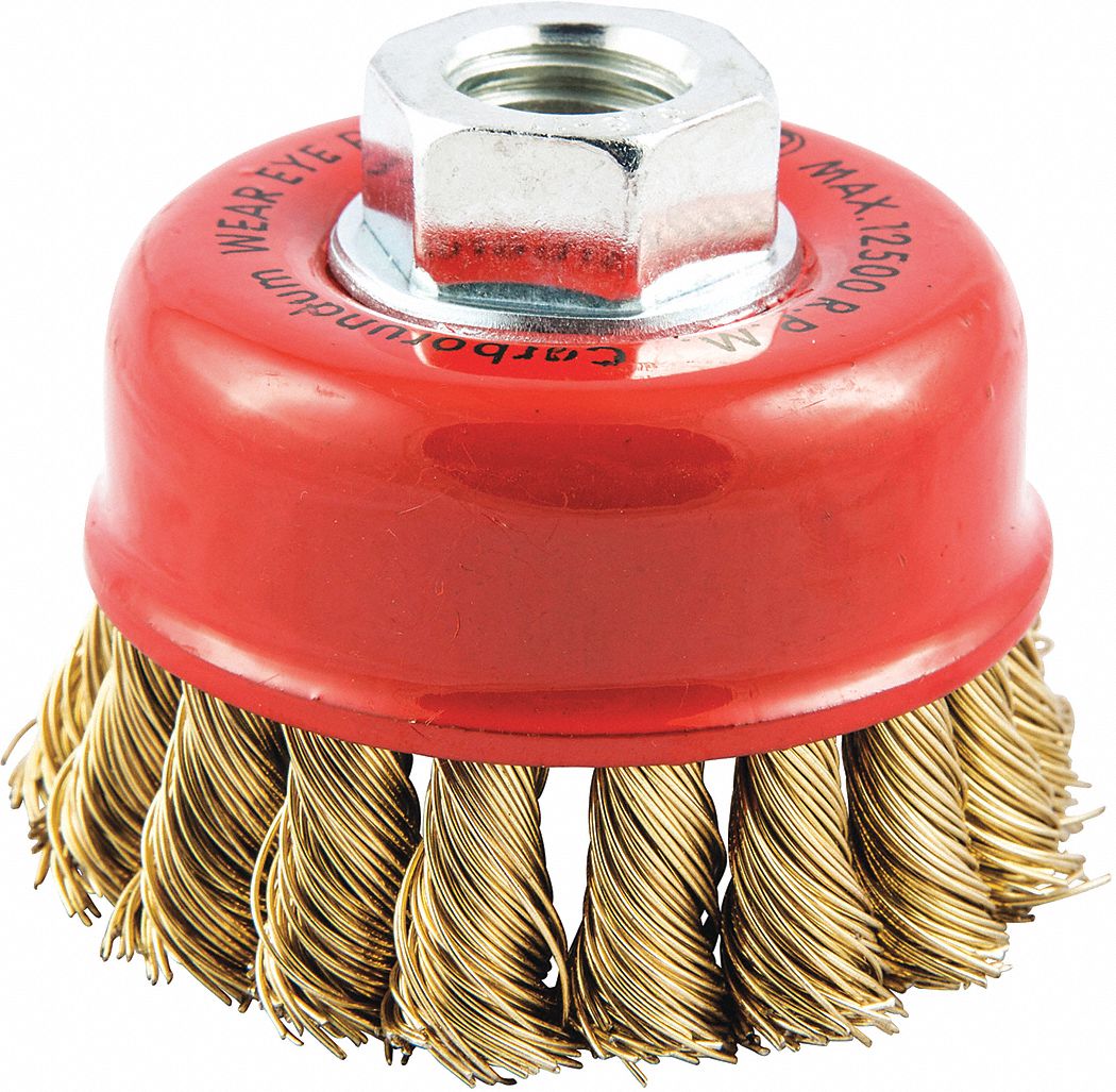 Cup Brush: Twisted Brass, 2 3/4 in Dia, 0.02 in Fill Dia, 5/8"-11 Arbor