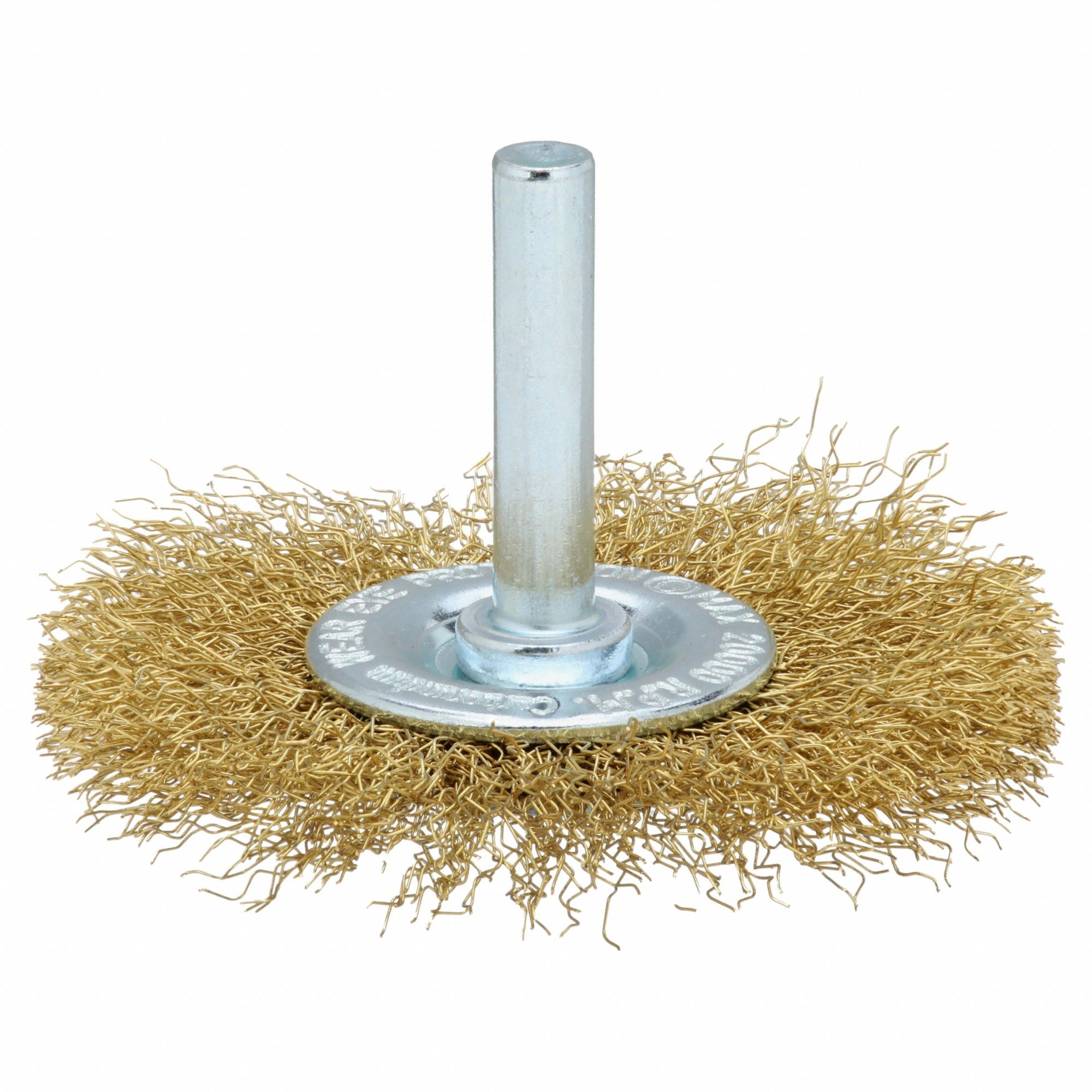 Wire Wheel Brush: Crimped Brass, 2 1/2" Dia x 3/8" Wd, 1/4" Shank, 0.008" Fill