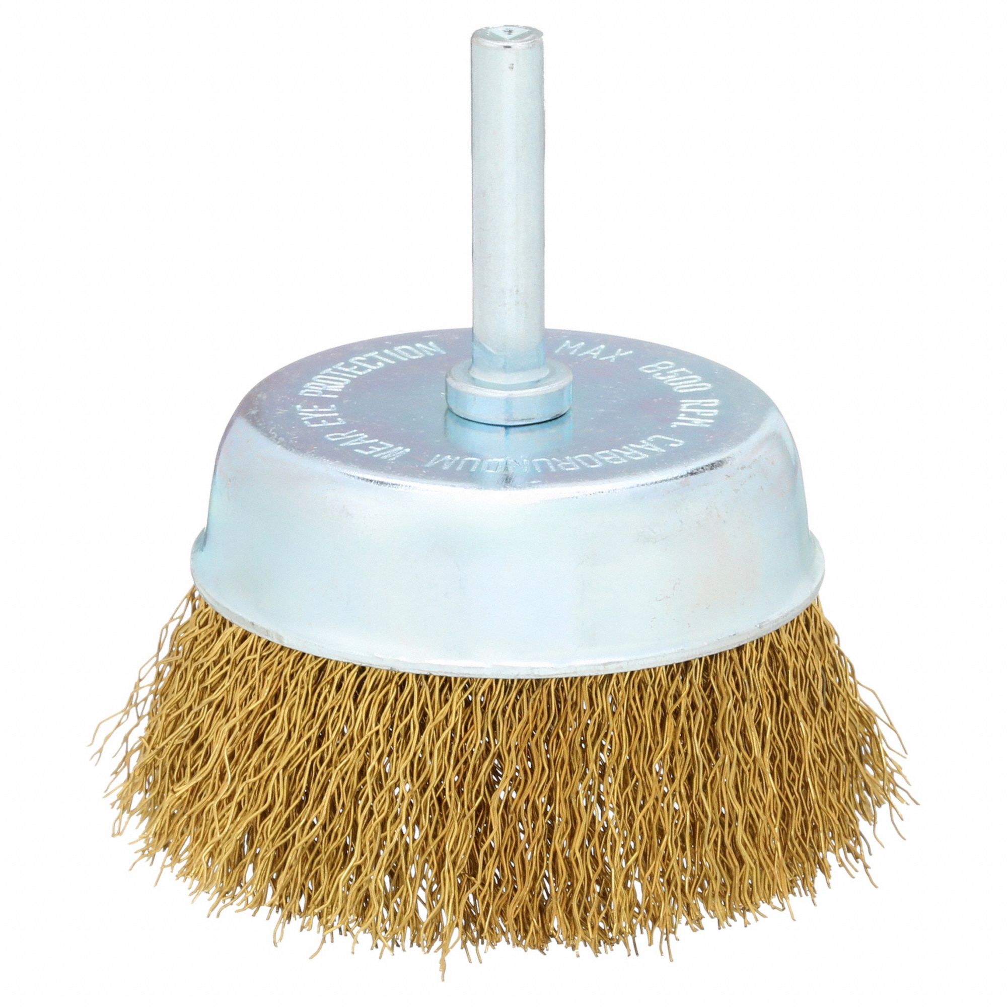 Cup Brush: Crimped Brass, 2 3/4 in Brush Dia, 1/4 in Shank, 0.012 in Fill Dia