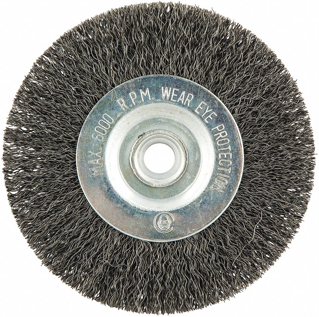 WIRE WHEEL BRUSH, CRIMPED STEEL, 4 IN DIAMETER X ⅜ IN W, ½ IN ARBOUR, 0.008 IN FILL
