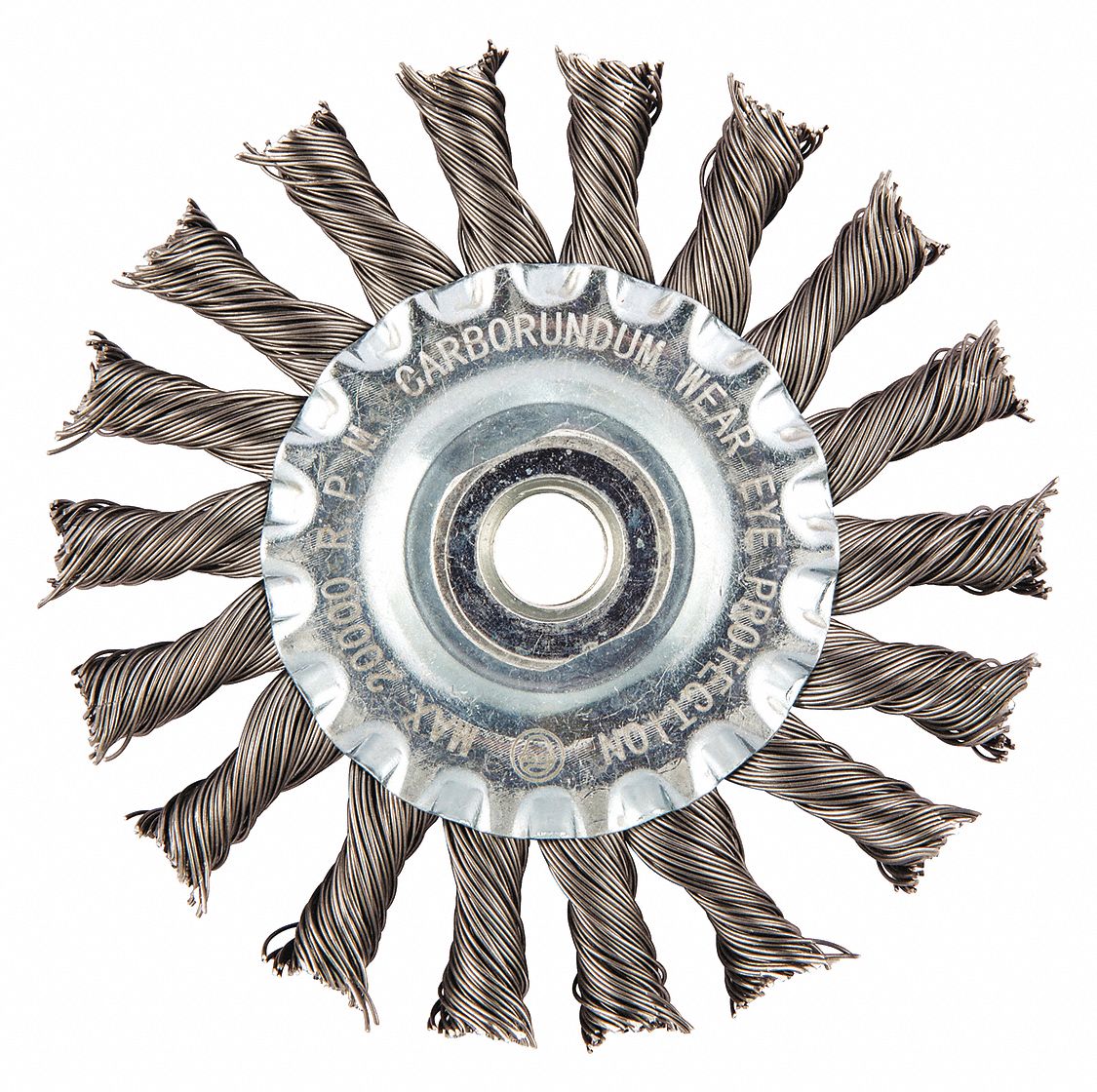 WIRE WHEEL BRUSH, TWISTED STEEL, 4 IN DIAMETER X ½ IN W, 3/8