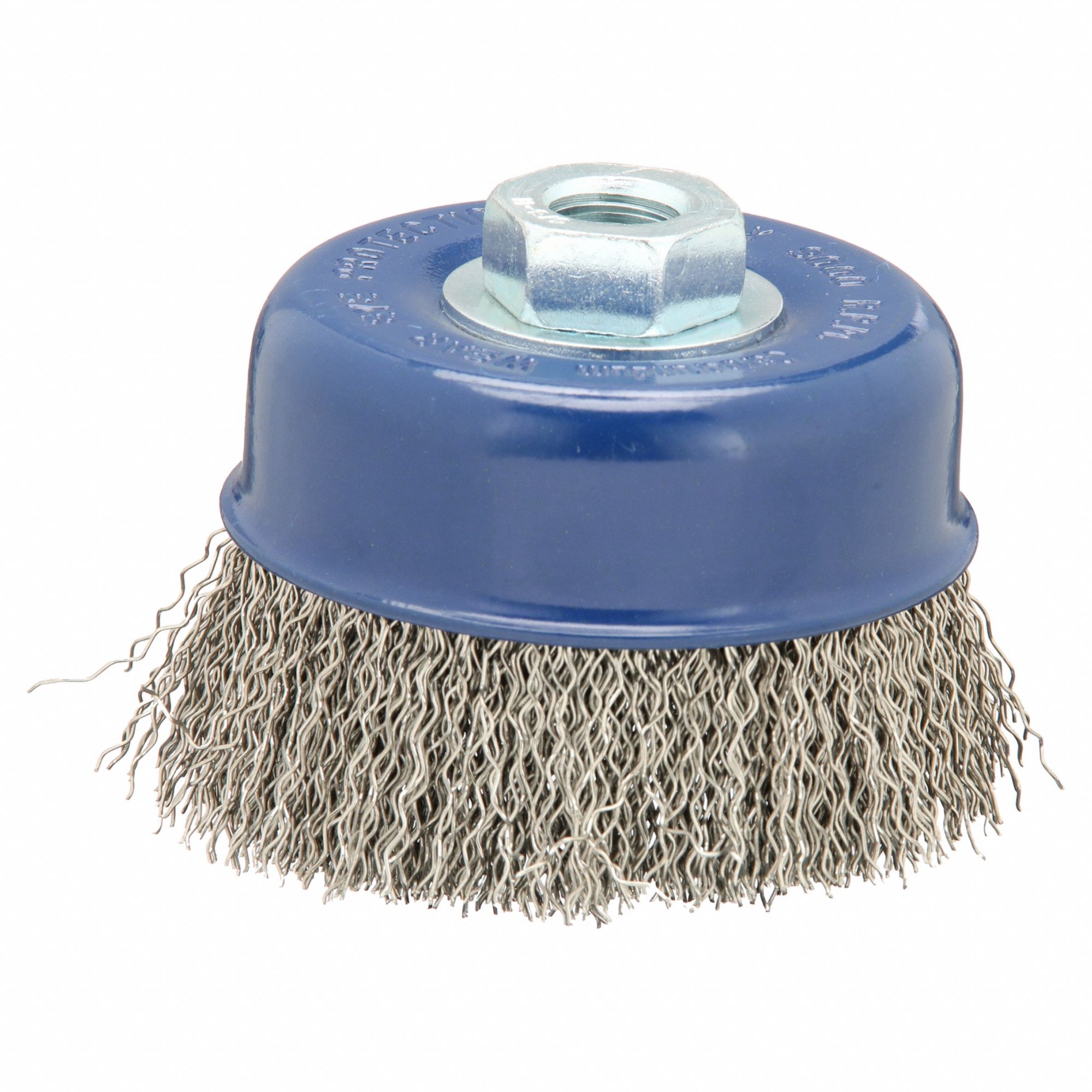 Cup Brush: Crimped Stainless Steel, 4 in Dia, 0.02 in Fill Dia, 5/8"-11 Arbor
