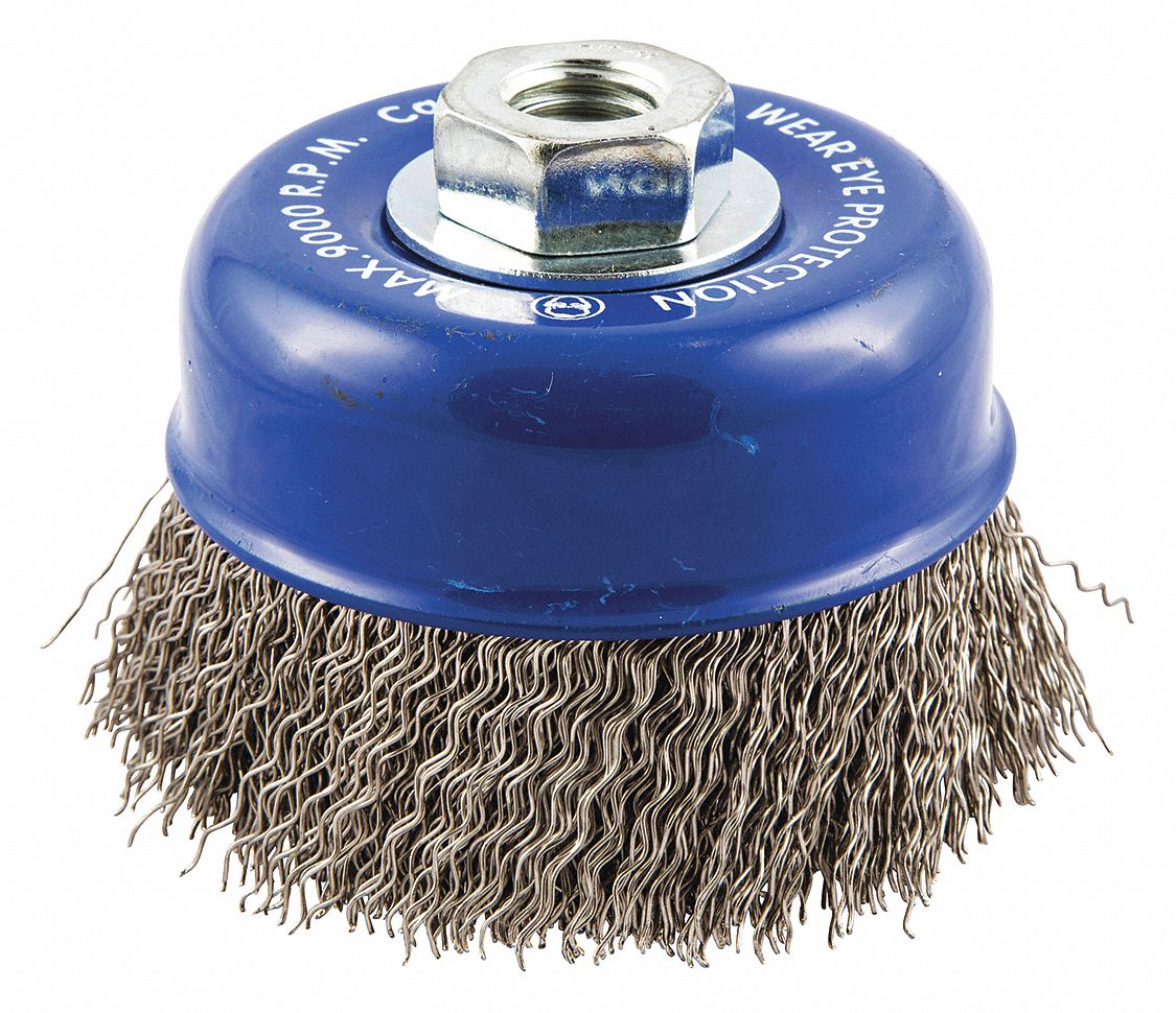 CUP BRUSH, CRIMPED STAINLESS STEEL, 4 IN DIAMETER, 0.02 IN FILL DIAMETER, 5/8
